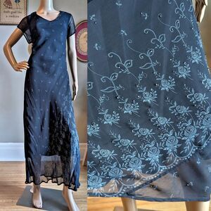 Vintage 90s Y2K CDC Apparel Maxi Dress Black Floral Cottage Whimsygoth Size 10